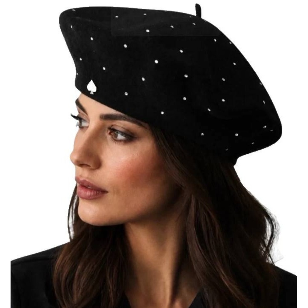 Kate Spade New York Black Wool Rhinestone Embellished Beret Hat NWT